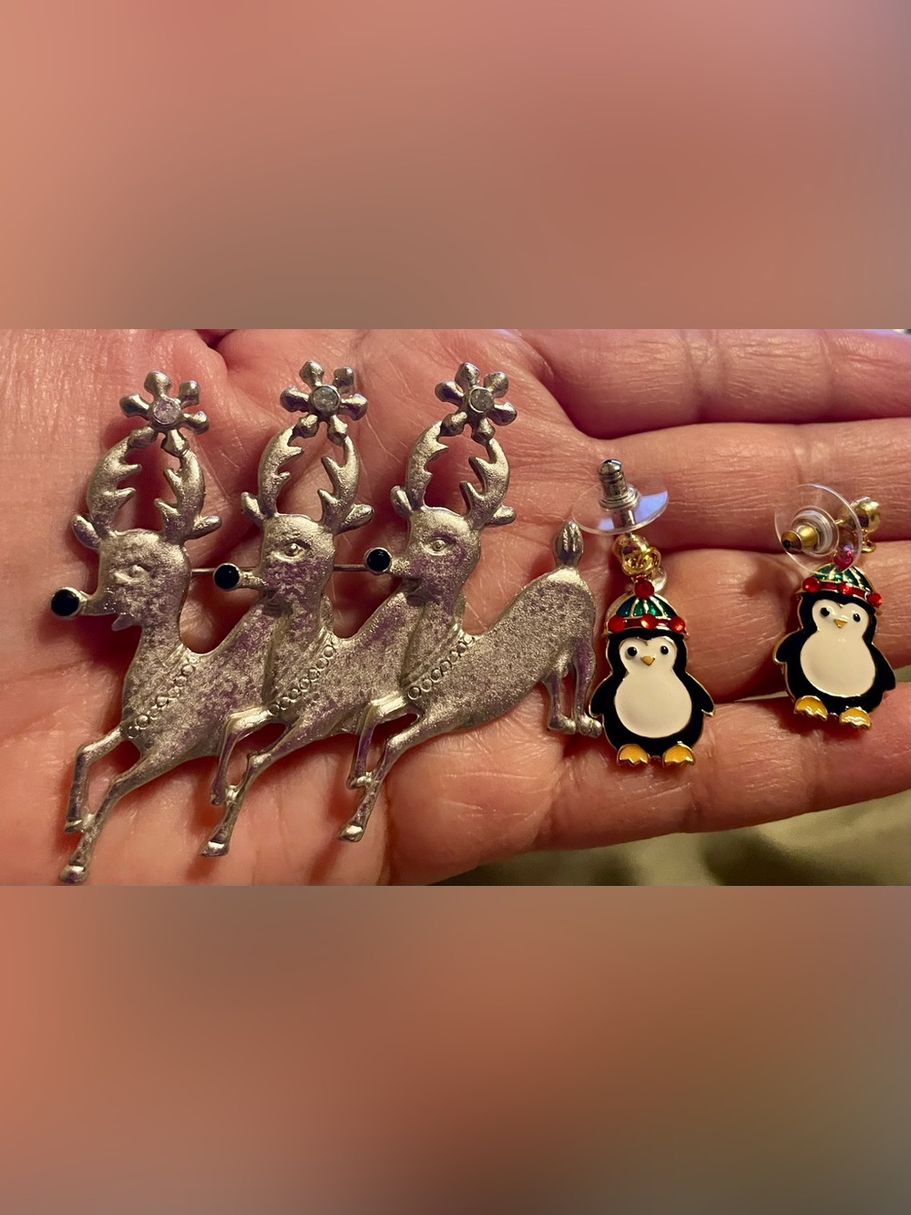 Silver Tone Reindeer Brooch and Holiday Penguin Earrings with Black Accent